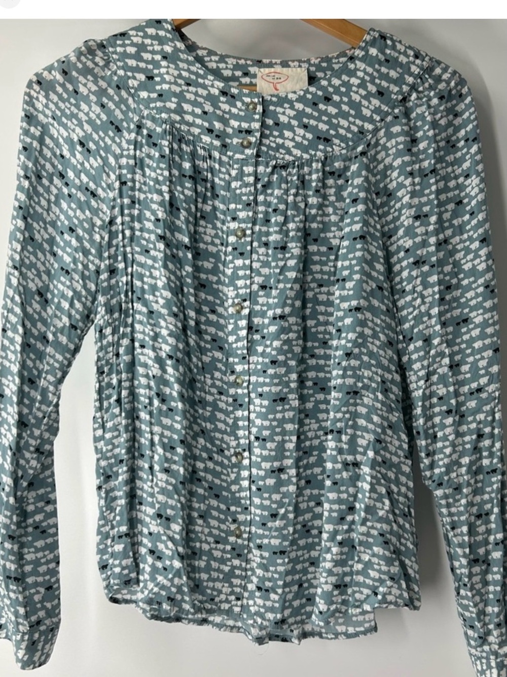 Anthropologie Blue Bear Print Button Front Blouse bohemian Sz 12 oversized baggy